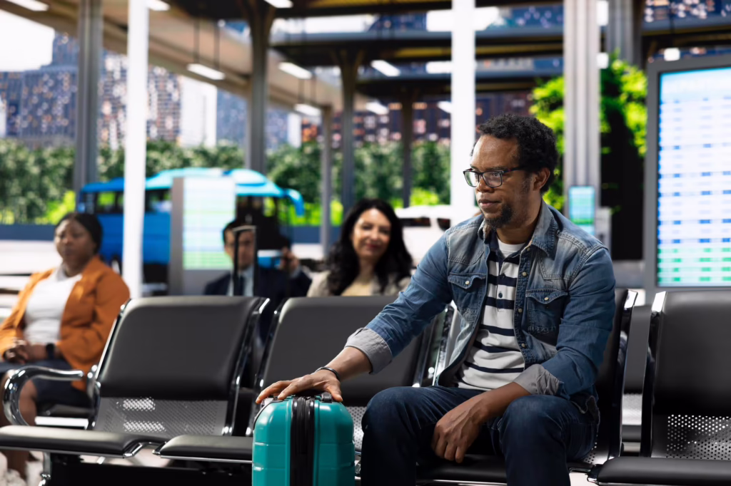 A man uneasy at an airport with ICE checking passengers.