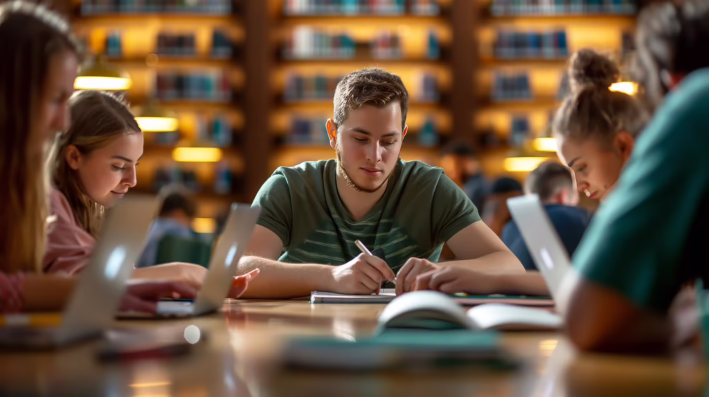 F-1 Students sitting together in a library.