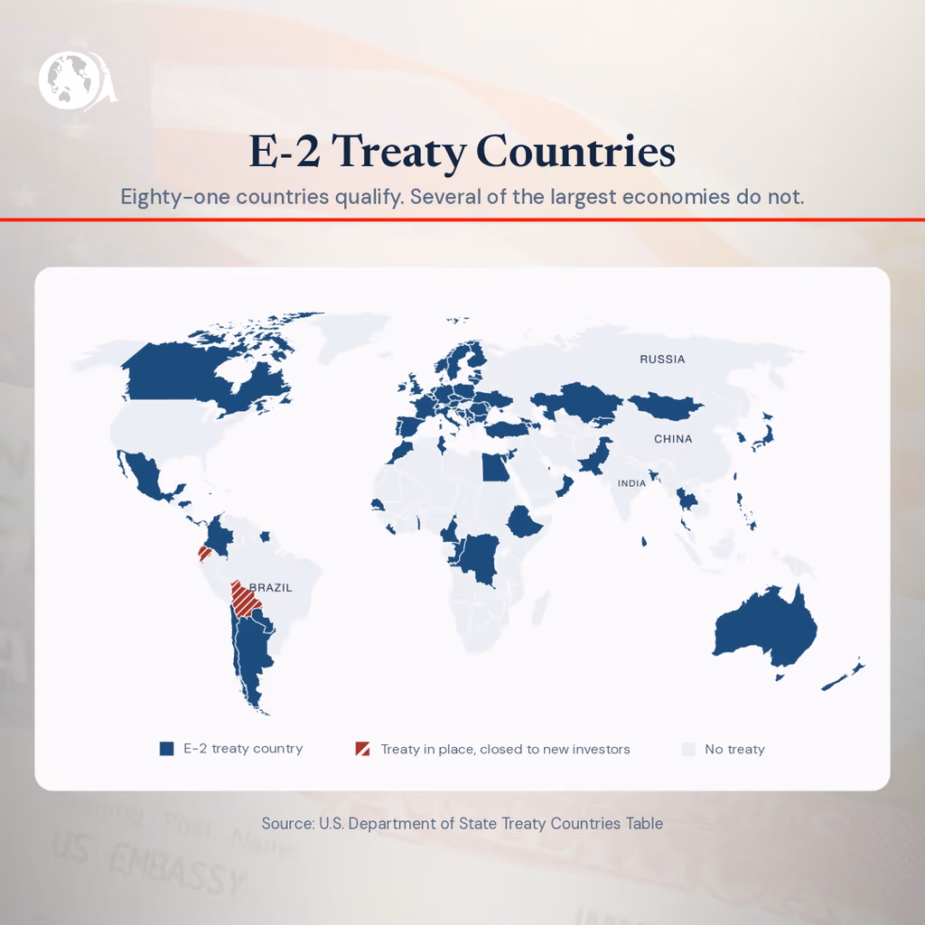 A map displaying all 81 countries eligible for the E-2 Visa.