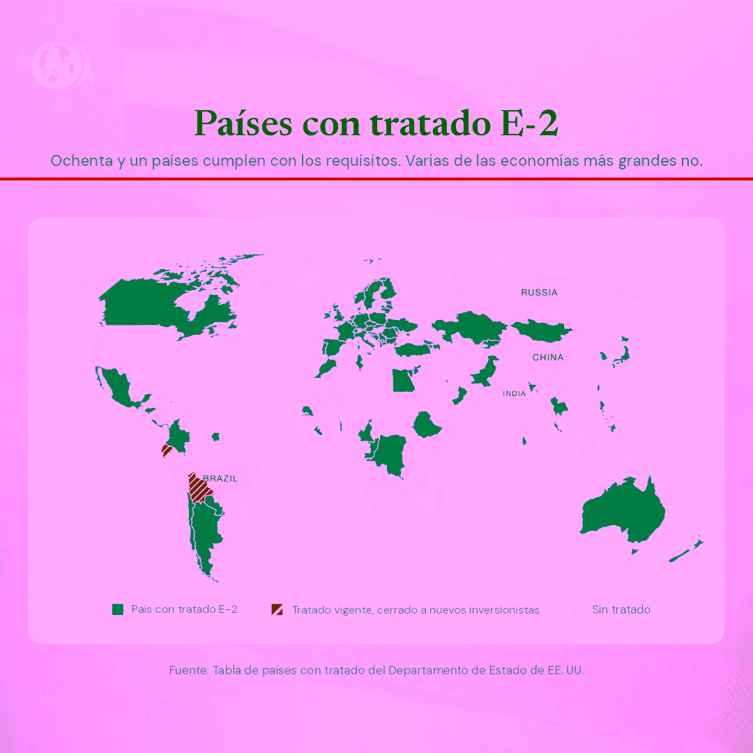 Un mapa que muestra los 81 países elegibles para la visa E-2.