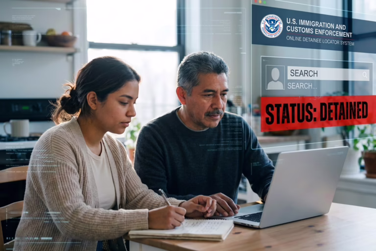 How to Find Someone Detained by ICE in New York_featured Father and daughter at their kitchen table, searching online and taking notes to find a relative detained by ICE.