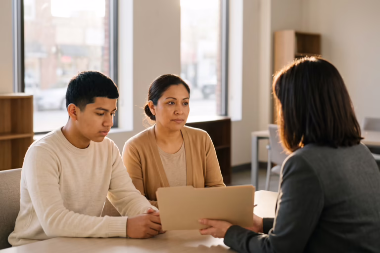 SIJS Visa Bulletin Mother and teenage son reviewing a SIJS green card filing with their immigration attorney.